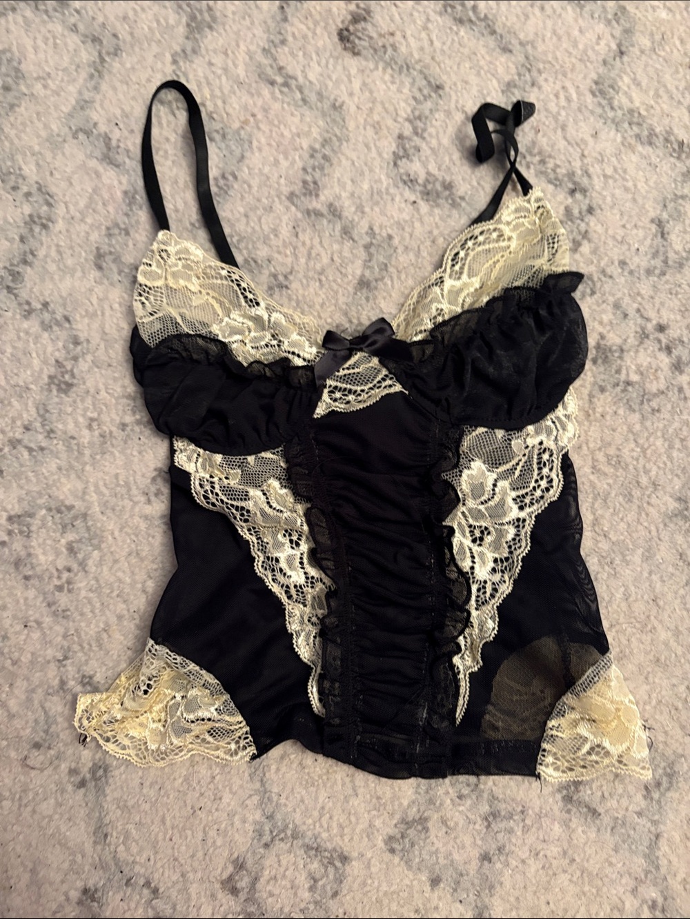 Black Lace-Trim Teddy Tank with Cream Accents